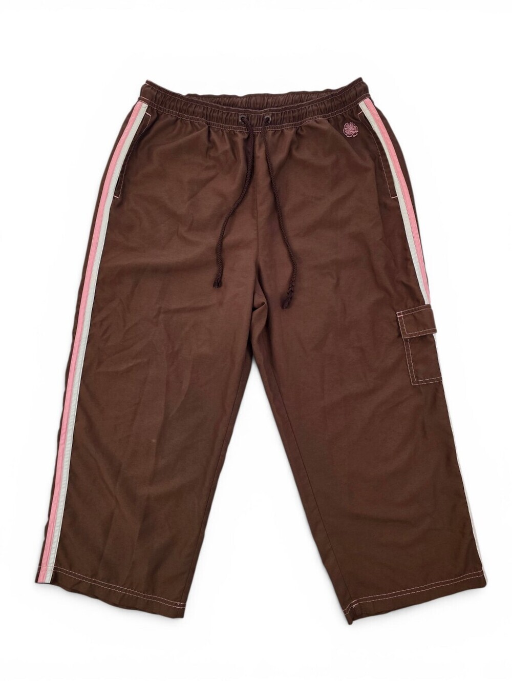 Green Tea Y2K Brown Pink Stripe Cropped Cargo Nylon Track Pants XL Skater Sporty